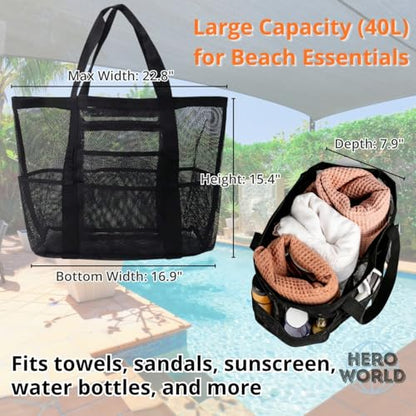 Mesh Beach Tote Bag Large Capacity Pool Gym Laundry Tote Foldable with Pockets Lightweight Travel Bag - color: Sand Beige