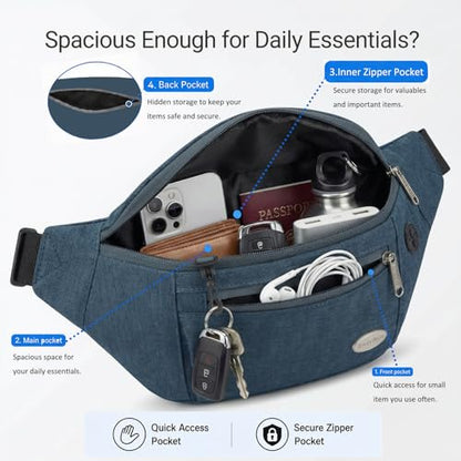 Entchin Water-Resistant Fanny Pack, 4-Zipper Belt Bag - color: Blue