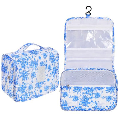 Hanging Toiletry Bag for Women, Portable Cosmetic Summer Beach Bag, Floral - color: blue&white