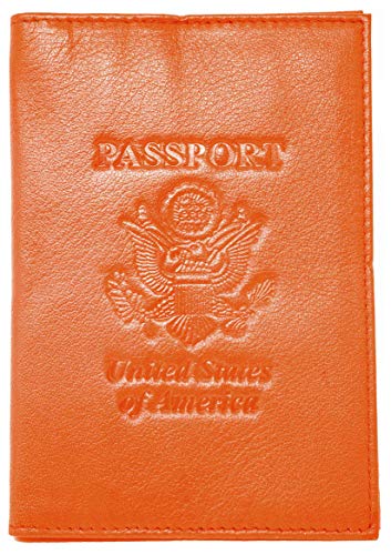 Genuine Cowhide Leather Orange RFID-Blocking Passport Cover Case Holder & Wallet - color: Orange (With RFID)
