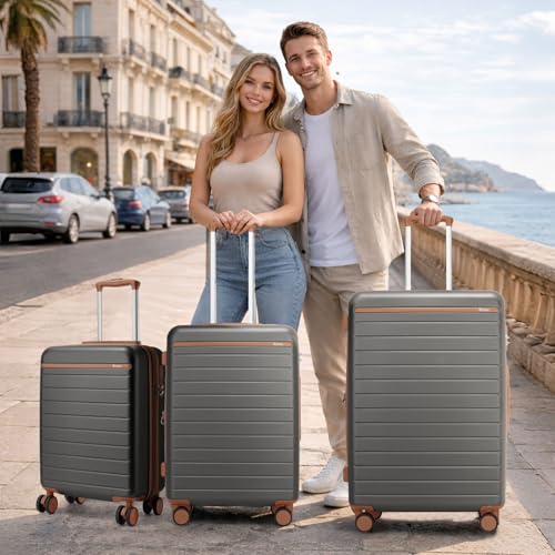 Kono Checked Suitcase 24in Expandable ABS+PC Side Handle luggage Grey/Brown | Business Travel Suitcase for 5-7 Days Side Handles & Kick Plates, Double Spinner Silent Wheels - color: Grey, size: Checked-Medium 24-Inch