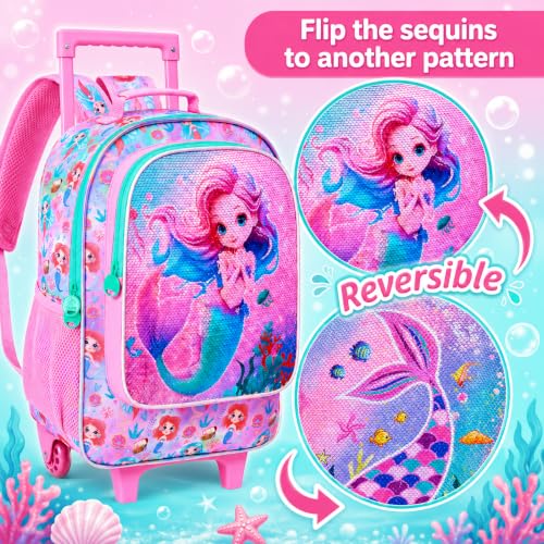 KLFVB Rolling Backpack for Girls Boys, Kids Roller Wheels School Bookbag with Lunch Bag, Wheeled School Bag for Children - color: Reversible Sequins Mermaid Rolling Backpack Set
