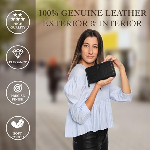 RFID Leather Wallet for Women, Genuine RFID Leather Card Holder - color: Square - Black