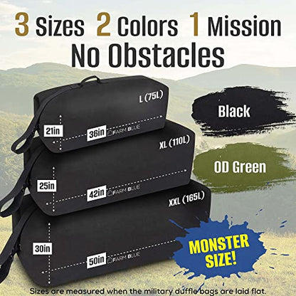 Farm Blue Top Load Duffle Bag -Military Duffel Bags - Heavy Duty Army Grade Cotton Canvas Duffel Bags For Men Women & Students - Front Loading Tactical Gear Sack - 21" x 36" - Black - color: Black, size: Large