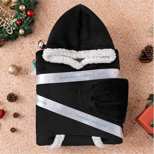 Sioloc Wearable Blanket Hoodie for Women/Kids/Men, Oversized & Cozy Sherpa Lined Hoodie Sweatshirt Blanket(Black,Oversized) - color: Black, size: Oversized