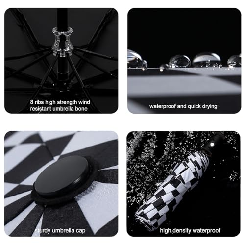 Checkered Automatic Compact Umbrella Windproof Waterproof Umbrellas for Rain and Sun, UV Protection Folding Travel Umbrella - color: black