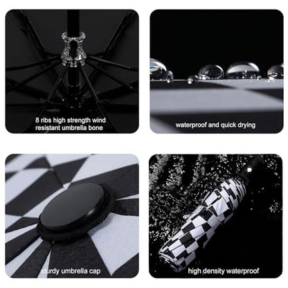 Checkered Automatic Compact Umbrella Windproof Waterproof Umbrellas for Rain and Sun, UV Protection Folding Travel Umbrella - color: black