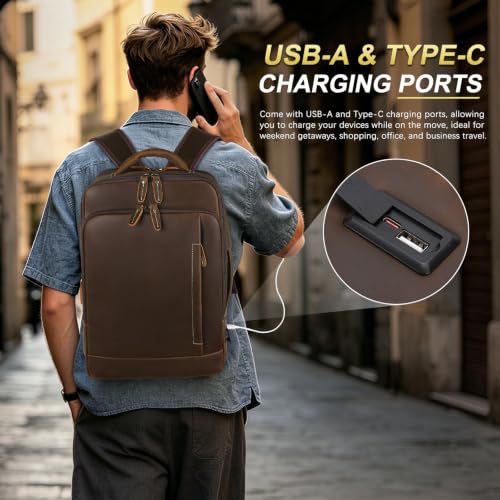 TIDING Full Grain Leather Expandable 15.6" Laptop Backpack for Men - color: Dark Brown