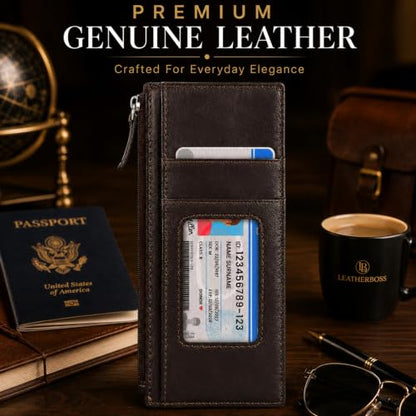 Leatherboss Genuine Leather Women's All in One Credit Business Card Case Holder Slim Zipper Wallet With a Card Protection Strap, Brown - color: Brown