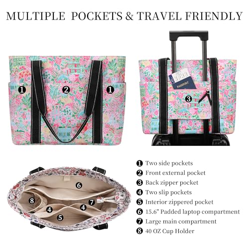 Tote Bag for Women with LaptopCompartment & Cup Holder - color: Pink Oasis