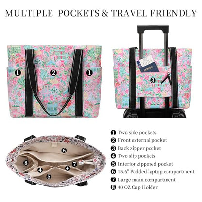 Tote Bag for Women with LaptopCompartment & Cup Holder - color: Pink Oasis