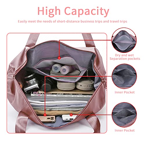 Large Capacity Foldable Travel Bag, Expandable Waterproof Carry on Bag, Dry and Wet Separation Spor Duffel Bags - color: Pink
