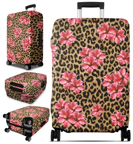 Slohif Luggage Cover for Suitcase Tsa Approved Protector - Brown Leopard Pink Flower Luggage Sleeve Medium Suit Case Cover Travel Stretch Baggage Case Protective Washable Fit 24-27 Inch - color: Brown Leopard Flower, size: M-(24-27)Inch