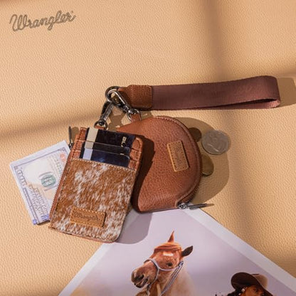 Wrangler Keychain Wristlet Wallets for Women Western Dual Pouch Wristlet Credit Card Holder Wallet - color: Cowhide Brown