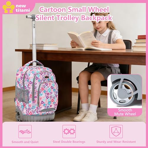 NEW TILAMI 18 Inch Rolling Backpack with Lunch Bag for Girls Boys School - color: Pink Love