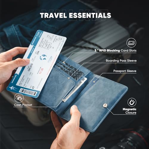 VULKIT Passport Holder Magnetic Closure RFID Blocking Travel Wallet Passport Book Cover Boarding Pass Holder Travel Essentials - color: Navy