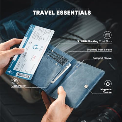 VULKIT Passport Holder Magnetic Closure RFID Blocking Travel Wallet Passport Book Cover Boarding Pass Holder Travel Essentials - color: Navy