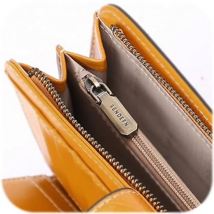 SENDEFN Wallets for Women Leather Credit Card Holder with RFID Blocking Large Capacity Wristlet - color: 1-Wax-Yellow
