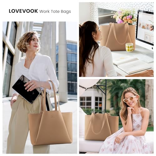 LOVEVOOK 여성용 노트북 토트 - 클러치가 있는 15.6인치 인조 가죽 노트북 가방, 대용량 사무실 지갑 컴퓨터 - color: 딥 살구., size: 15.6인치