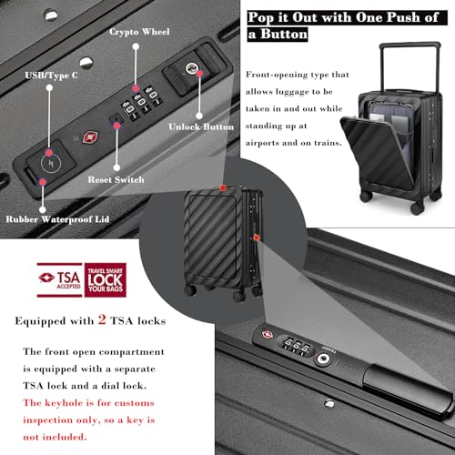 Somago Carry On Luggage Wide Handle 20 Inch Suitcase with Front Compartment Aluminum Framed PC Hardside 22x14x9 No Zipper Business Baggage with Spinner Wheels USB Charging Port TSA Lock - color: Black, size: Front Open 20 inch