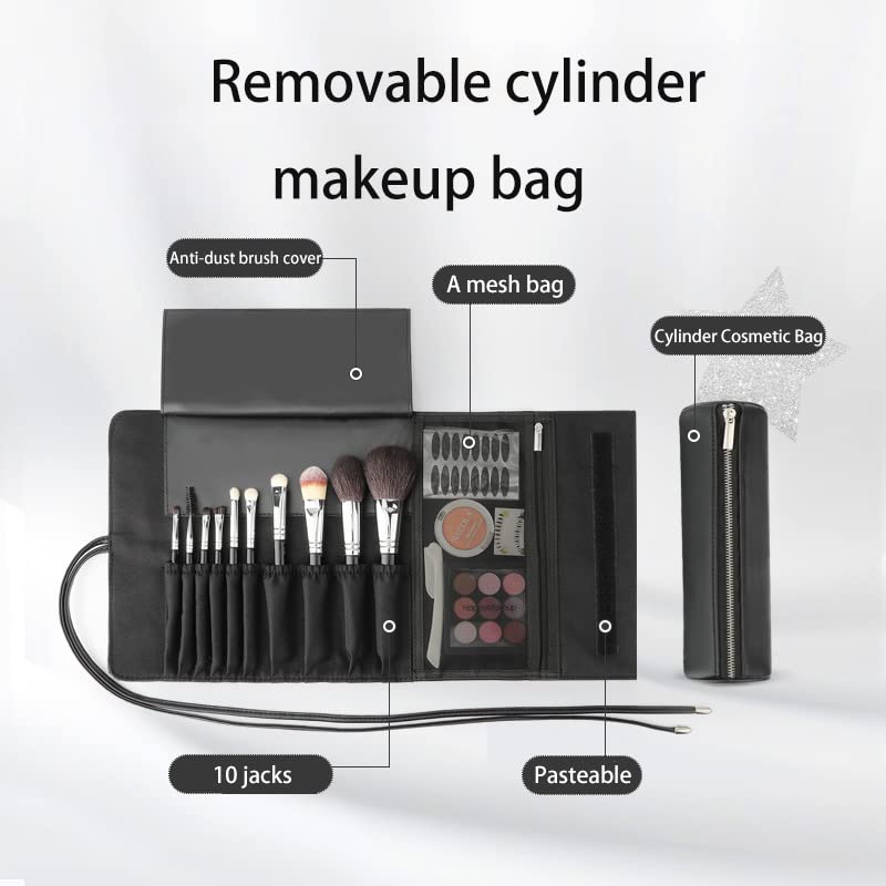 REQO Makeup Brush Organizer with Lid,Makeup Brush Holder Case Dustproof Black,Make Up Brush Bag Pouch with Cover Trave
