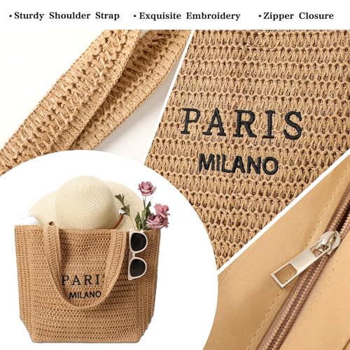Tavaleu Large Capacity Straw Beach Bags Travel Shoulder Handbags for Women - color: Khaki - Paris