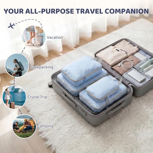 4/8 Set Compression Packing Cubes for Travel Essentials, Compressible Expandable Luggage Organizer Bags for Clothes, Durable Space Saver Storage Bags for Suitcase(4set-Blue Gingham)