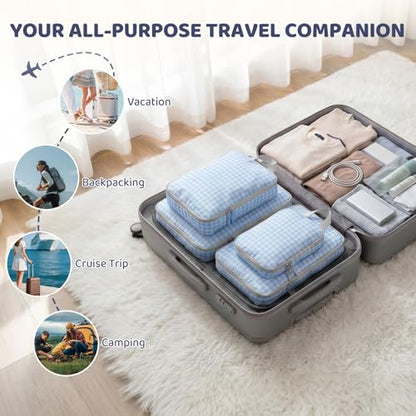 4/8 Set Compression Packing Cubes for Travel Essentials, Compressible Expandable Luggage Organizer Bags for Clothes, Durable Space Saver Storage Bags for Suitcase(4set-Blue Gingham)