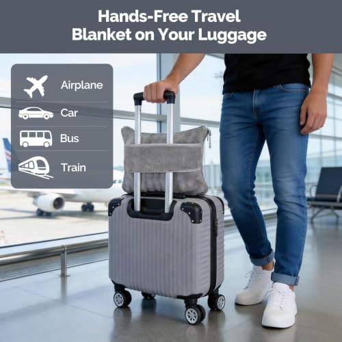 Gray Travel Blanket for Airplane, Portable Soft Flannel with Pouch & Clip - color: Gray
