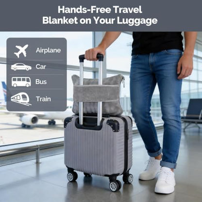 Gray Travel Blanket for Airplane, Portable Soft Flannel with Pouch & Clip - color: Gray