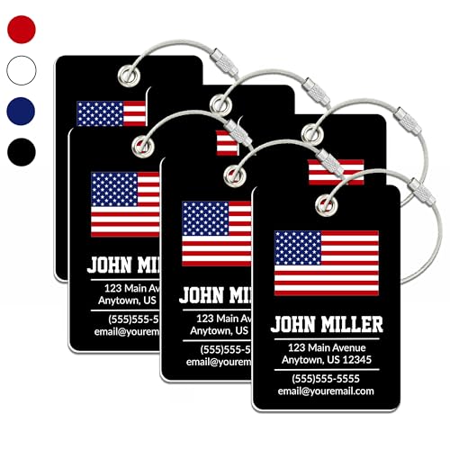 Personalized Luggage Tag with American Flag | 6 Pack | Custom Luggage Tags for Suitcases | Kids Backpack Tag | 4 Color Options & Choose Font, Font Color - color: Black, size: 6 pack - Large