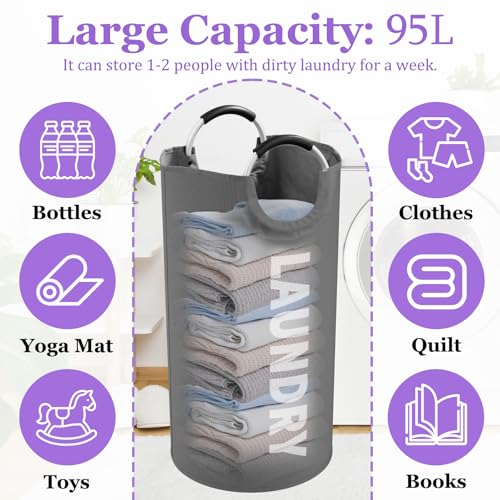 95L Collapsible Laundry Basket, Clothes Hamper with Handle, Dark Grey - color: Dark Grey, size: L-95L