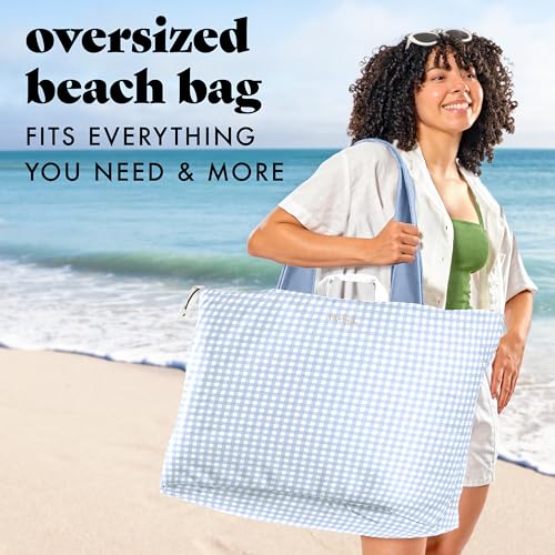 Fit & Fresh All The Things XL Beach Bag for Women, Oversized Travel Tote - color: Blue Gingham
