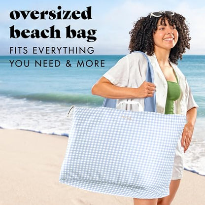 Fit & Fresh All The Things XL Beach Bag for Women, Oversized Travel Tote - color: Blue Gingham