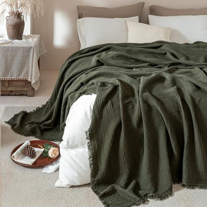 Muslin Fringe Blankets for Adults 100% Cotton Cloud Soft - color: Olive Green, size: Super King (108" × 98")