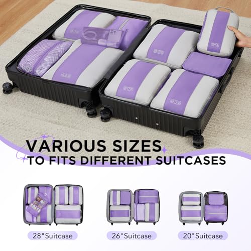 OlarHike 10 Set Compression Packing Cubes for Travel Essentials,Compressible Expandable Space Saver Bags for Organizing Clothes,Luggage Garment Bags with Over 1000 pcs Mesh Holes(Light Purple) - color: Light Purple