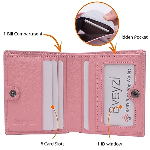 Bveyzi Ultra Slim Small RFID Wallet for Women, Leather Tiny Thin Bifold Pocket Ladies Wallet - color: Pink