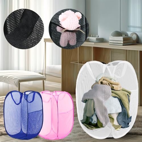 Pop Up Laundry Hamper, Mesh Laundry Basket Collapsible, Foldable Hamper for Travel and Storage, 3 Pack (White+Pink+Blue) - color: 3P White+Pink+Blue