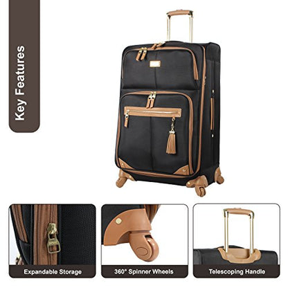 Steve Madden Designer Luggage Collection - Lightweight 24 Inch Expandable Softside Suitcase - Mid-size Rolling 4-Spinner Wheels Checked Bag (Harlo Black) - color: Harlo Black