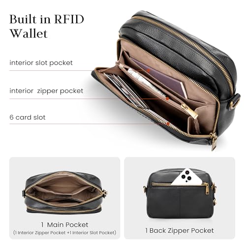 befen Genuine Leather Crossbody Bag for Women Anti Theft Purse and Hangbags with Built in RFID Wallet - color: Black