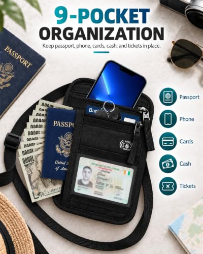 Passport Holder for Travel, RFID Blocking Neck Wallet, 9 Pockets - color: Black