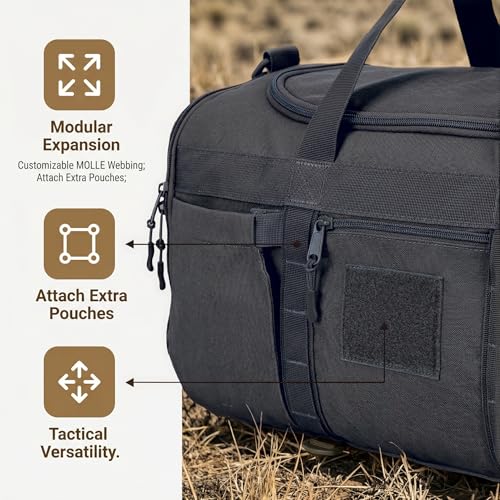Sports Duffel Bag with Shoe Compartment, Tactical MOLLE Gym Bag for Men 45L - color: black