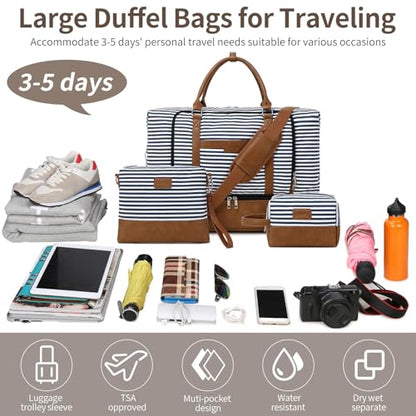 Weekender Bag, Large Travel Duffel Bag for Women, Carry on Overnight Bag with Shoe Compartment and Toiletry Bags - color: B-Blue-White