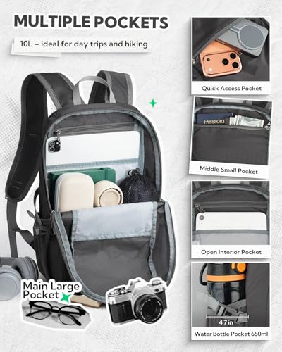 WATERFLY Small Packable Hiking Backpack: 10L Ultra-Light Daypack for Women - color: Grey