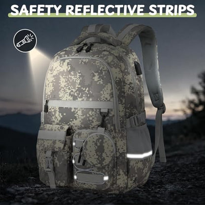 School Backpack for Boys - 5pcs Camo Boys Backpack with Lunch Box Set for Kids Teens Elementary Middle High School,18″ Large Capacity Students Bookbag - color: Gray-backpack Set