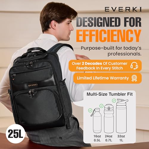 EVERKI Onyx Business Travel Backpack with Laptop Compartment, Black - 25 L - color: Black, size: 25 Liters
