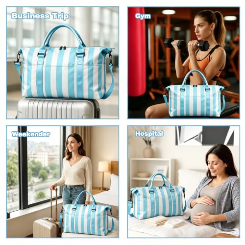 Travel Duffle Bag for Women, Carry On Weekender Tote with Trolley Sleeve - color: Blue White
