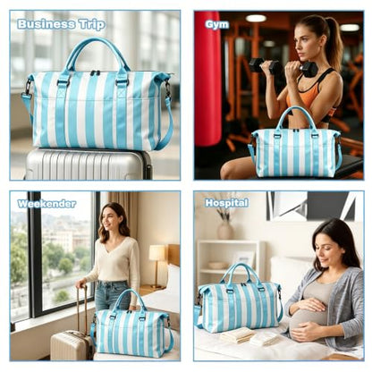 Travel Duffle Bag for Women, Carry On Weekender Tote with Trolley Sleeve - color: Blue White