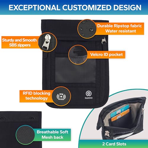 Neck Wallet – Travel Pouch and RFID Blocking Passport Holder for Women and Men, Slim Travel Wallet (Black V2) - color: Black V2