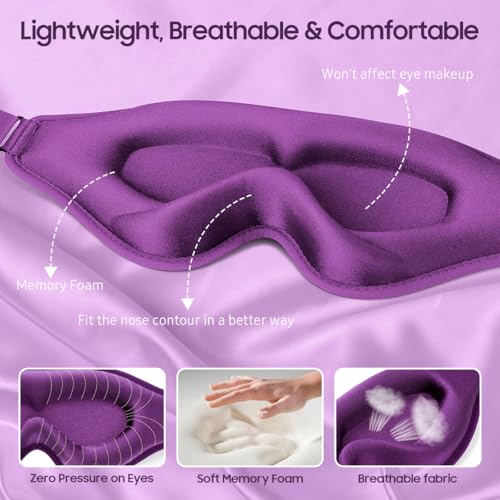BeHoomi Sleep Mask, Premium Eye Mask for Sleeping, 3D Ergonomic Designed Sleeping Mask, Upgraded Light Blocking & Blindfold Sleep Masks for Women, Men (Purple) - color: Purple